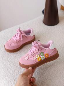 1 双女童花卉图案休闲运动鞋，软底学生运动鞋，秋季 - 粉色 - 查看 4