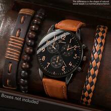 1 set Montre pour homme avec fonction calendrier, style mode sport casual, cadran rond style industriel, montre à quartz, assortie avec bracelet en cuir pour homme, ensemble de bracelets style punk, bracelet tressé en PU, convient pour un port quotidien, cadeau d'anniversaire, fête, rassemblement, cadeau idéal pour soi ou ses amis. Aucune boîte d'emballage incluse. - Tabac - Voir 6