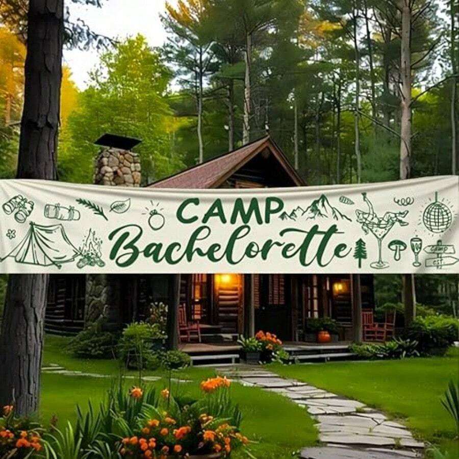 DCamping Bachelorette Party Decorations Camp Bachelorette Banner Green Camping Hanging Banner Sign For Bridal Shower Wedding Party Decoration10 - như hình ảnh - Xem 1