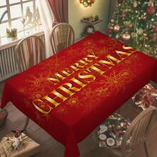 1pc Christmas Red & Gold Snowflake Letter Rectangular Tablecloth, Holiday Dining Table Decor, Suitable For Family Gatherings, Living Room, Dining Room, Christmas Themed Events, Durable Polyester Fabric