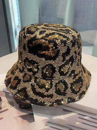 1 buc Pălărie de găleată pentru femei, primăvară/toamnă, cu imprimeu leopard și paiete, pălărie de găleată reversibilă coreeană, versatilă pentru purtare zilnică și performanță pe scenă, caldă de iarnă