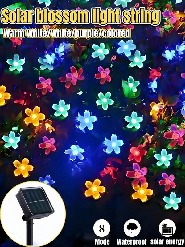 1 قطعة إضاءة سلسلة أزهار الكرز بالطاقة الشمسية، 100/50/20 مصباح LED، إضاءة خارجية مقاومة للماء، إضاءة زينة عيد الميلاد، 8 أوضاع إضاءة، مناسبة للحديقة والفناء والشرفة والحديقة والشجرة والحفلات العائلية والزفاف وحفلات الأعياد والمظلة والديكور الخريفي والمنزلي والخارجي (أبيض دافئ/أبيض/ملون/بنفسجي)