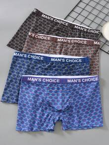4-Piece Set Of Novel Pattern Letter Printed Men's Boxer Shorts, Made Of Polyester Fiber High Elasticity Fabric, Men's Underwear, Men's Boxer Underwear Soft And Skin Friendly, Men's Boxing Shorts Fashionable And Avant-Garde, Quick Drying, Mischievous And Cute, Suitable For All Seasons To Wear.