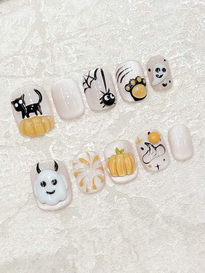10pcs Halloween Party Nail Art Stickers - 3D Hand-Painted Black Cat, Pumpkin, Spider, Ghost, Fireworks Hat Designs, Reusable Nail Decals, Suitable For Halloween Parties, Gifts For Friends