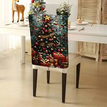 1 Stück/4 Stücke/6 Stücke/10 Stücke Weihnachtsbaum Plüsch Stuhlbezug, Muster mit Weihnachtsbaum dekoriert mit roten & goldenen Ornamenten, goldenem Stern an der Spitze und goldenem Band - Verschiedenfarbig - Übersicht 5