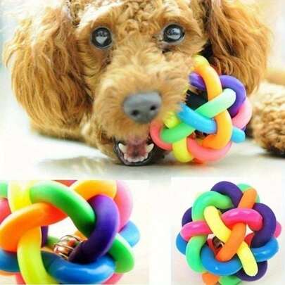 1Pc Colorful Woven Rubber Chew Toy With Bell, Suitable For Dogs And Cats - Durable Knot Design, Dental Health, Fun Playtime For Small To Medium Dogs