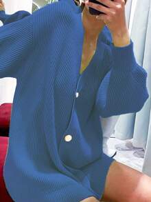 加大码女式纯色针织开衫，优雅成熟风格，百搭长袖休闲外套，纽扣设计，适合秋冬季 - 寶藍色 - 查看 2