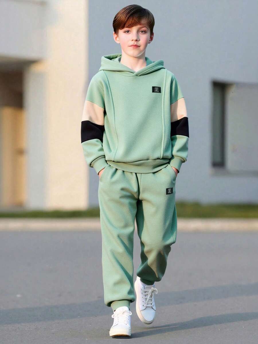 2pcs Boys Thickened Long Sleeve Hoodie Sweatshirt And Loose Fit Sweatpants Set, Grey Green, Casual Sports Outfit For Teenage Boys, Autumn/Winter - 綠色 - 查看 1
