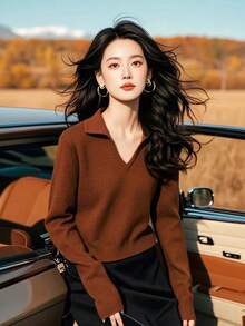 V-Neck Long Sleeve Knit Sweater For Women, New Stylish High-End Layering Or Standalone Top
