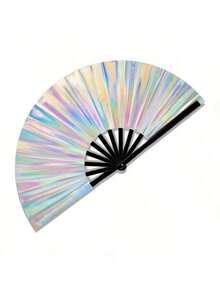 13 Inch Large Holographic Rave Hand Fan, Foldable Colorful Festival Fan, Suitable For Costume Accessories, Festivals, Clubs, Parties, Dancing, Unisex - Silver - View 1