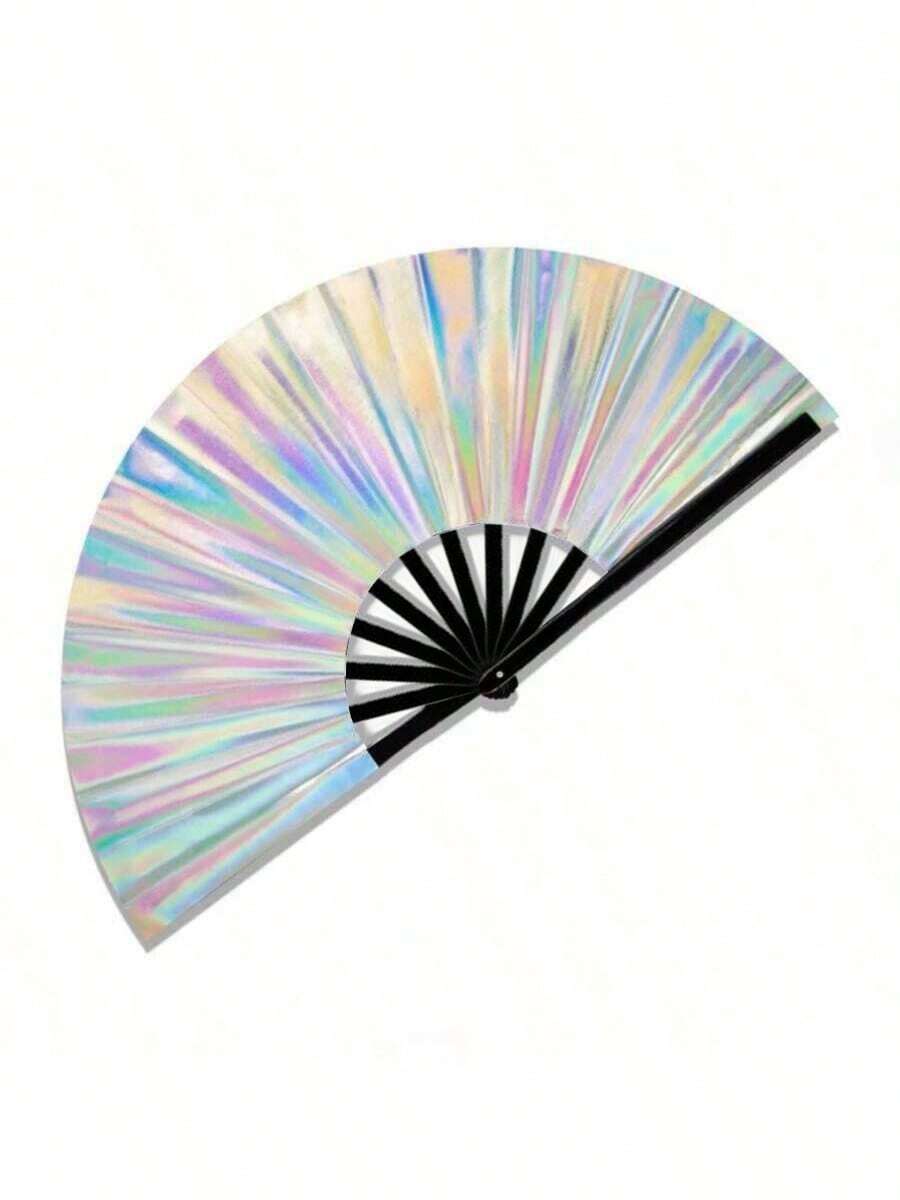 13 Inch Large Holographic Rave Hand Fan, Foldable Colorful Festival Fan, Suitable For Costume Accessories, Festivals, Clubs, Parties, Dancing, Unisex - Silver - View 1