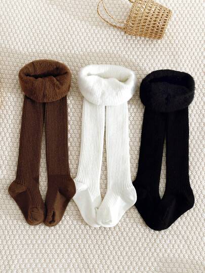 3 piezas Leggings de unicolor para niñas, forrados térmicos, suaves y cómodos, aptos para otoño/invierno; Mallas térmicas a rayas verticales para niñas jóvenes, aptas para uso diario