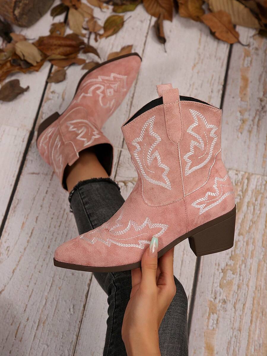 Stivaletti alla caviglia da donna con punta affusolata, tacco largo, ricamati, nuovi per l'autunno/inverno. Stivali Chelsea occidentali alla moda e versatili con taglio a V