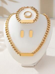 女士光滑链条项链、手链、耳环、戒指首饰套装 - 長方形 - 查看 6