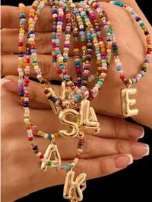 1 Piece Colorful Handmade Beaded Letter Necklace, Suitable For Women's Daily Wear, Four Seasons Birthday Gift, Christmas Jewelry, Valentine's Day Gift