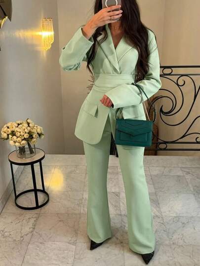 European & American Style Women Solid Color Casual/Work Outfit, Long Sleeve Belted Lapel Button Blazer Jacket Paired With High Waist Wide Leg Pants, 2 Pieces Set, Autumn/Winter