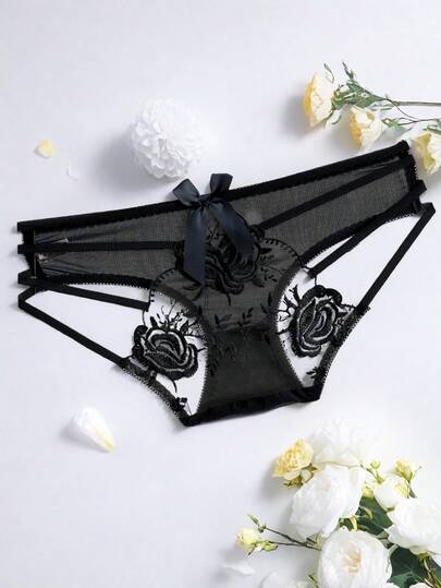 AB. Sexy Lace Hollow Rose Embroidery Transparent Low-Waist Panties, Breathable Netted Viral Low-Waist Underwear, Flattering Waistline Design Accentuates Alluring Waist And Hip Curves