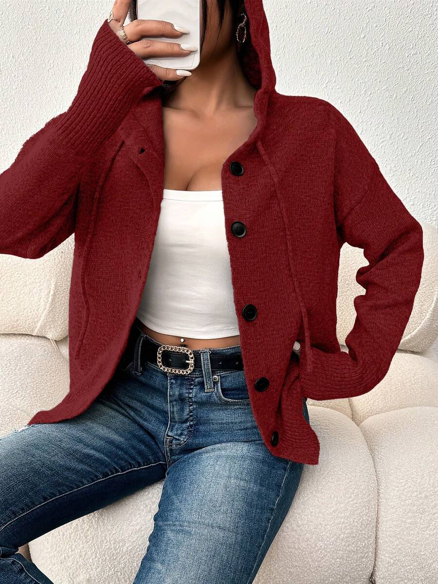 大码女式纯色纽扣抽绳开衫，长袖轻薄单排扣休闲商务毛衣