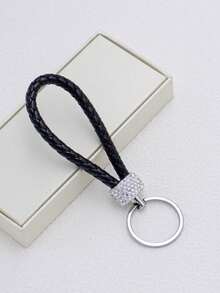 1pc Rhinestone Decor Simple Key Chain, Braided Leather Cord Key Holder Christmas Gift