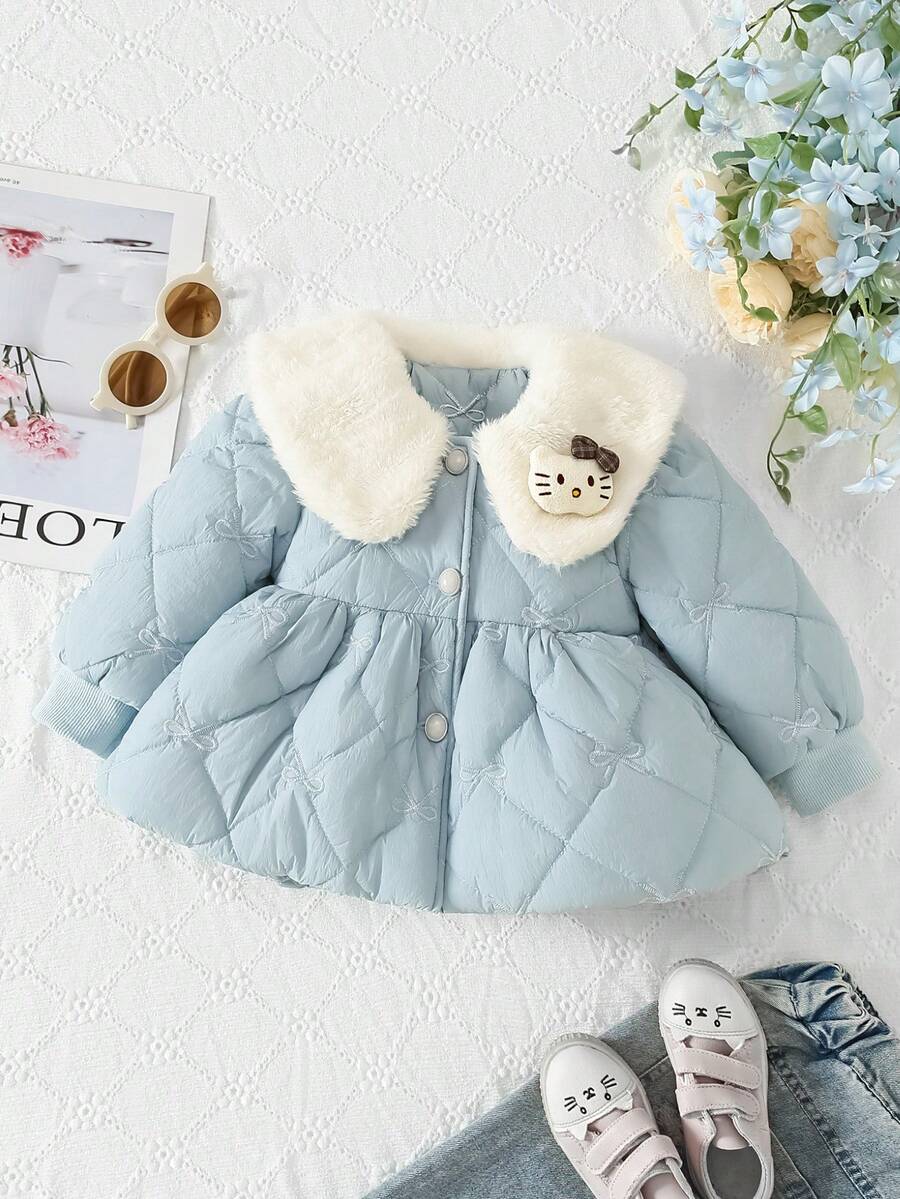 1 件女童绗缝夹克，可爱蝴蝶刺绣设计，温暖棉质外套，适合日常穿着，秋冬 - 藍色 - 查看 1