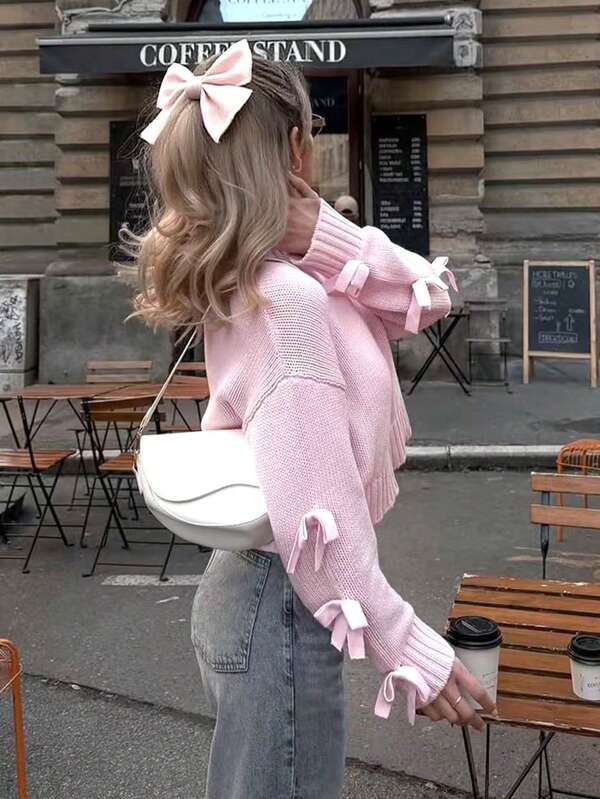 Joy Knit Women's New Autumn/Winter Knitted Top - Casual Minimalist Sweet Versatile All-Match Tops - Bowknot Sleeve Short Loose Crew Neck Pullover Sweater - Office Outfits For Women - Going Out Tops - Travel Outfit Airport