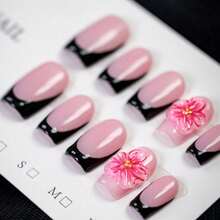 10片Y2K风格3D粉色花朵短款美甲贴片，纯手工制作，粉底色和黑色法式压贴设计，立体粉色花朵装饰，花朵心形点缀金色珠子，甜美清爽，夏秋必备美甲贴片，适合日常派对、节日和轻商务场合佩戴，是送给女性和女孩的最佳礼物。 - 黑色 - 查看 13