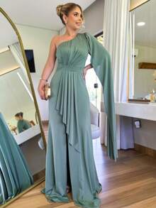 One Shoulder Long Prom Dress With Elegant Slit One Size Simple Elegant Party Beach - 橄欖綠 - 查看 2