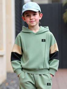 2pcs Boys Thickened Long Sleeve Hoodie Sweatshirt And Loose Fit Sweatpants Set, Grey Green, Casual Sports Outfit For Teenage Boys, Autumn/Winter - 綠色 - 查看 5