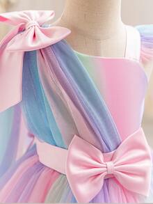 Váy công chúa nhiều lớp cho bé gái, váy midi nơ hồng cổ áo choàng cho bé gái, váy vải tuyn dây mảnh tay lửng thời trang cho bé, váy bồng bềnh ombre cầu vồng cho trẻ em, váy dự tiệc sinh nhật, tiệc tùng hàng ngày sang trọng cho bé gái - Nhiều màu - Xem 5