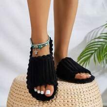 Cotton Slippers Corduroy Single-Toe Corduroy TPR Open-Toe Men And Women Couples Home And Out Four Seasons Sandals - màu đen - Xem 6