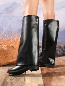 女士时尚及膝靴，秋冬侧拉链高筒靴，休闲、派对、通勤的新款靴子，圆头高跟长靴，舒适冬靴，黑色高筒靴 - 黑色 - 查看 1