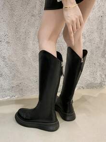 Western Style Side Zipper Holiday Thick Sole 4cm New V-Shaped Women's Autumn/Winter Riding Boots, Suitable For Plus Size Calves, Tall Shaft Boots - Black - View 2