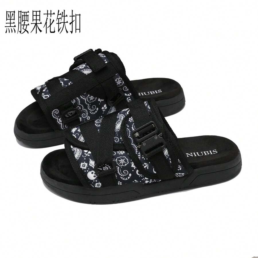 2025 High-End Feel Outdoor Slippers Unisex Beach Slide Sandals - Black Cashew Flower Iron Buckle - View 1