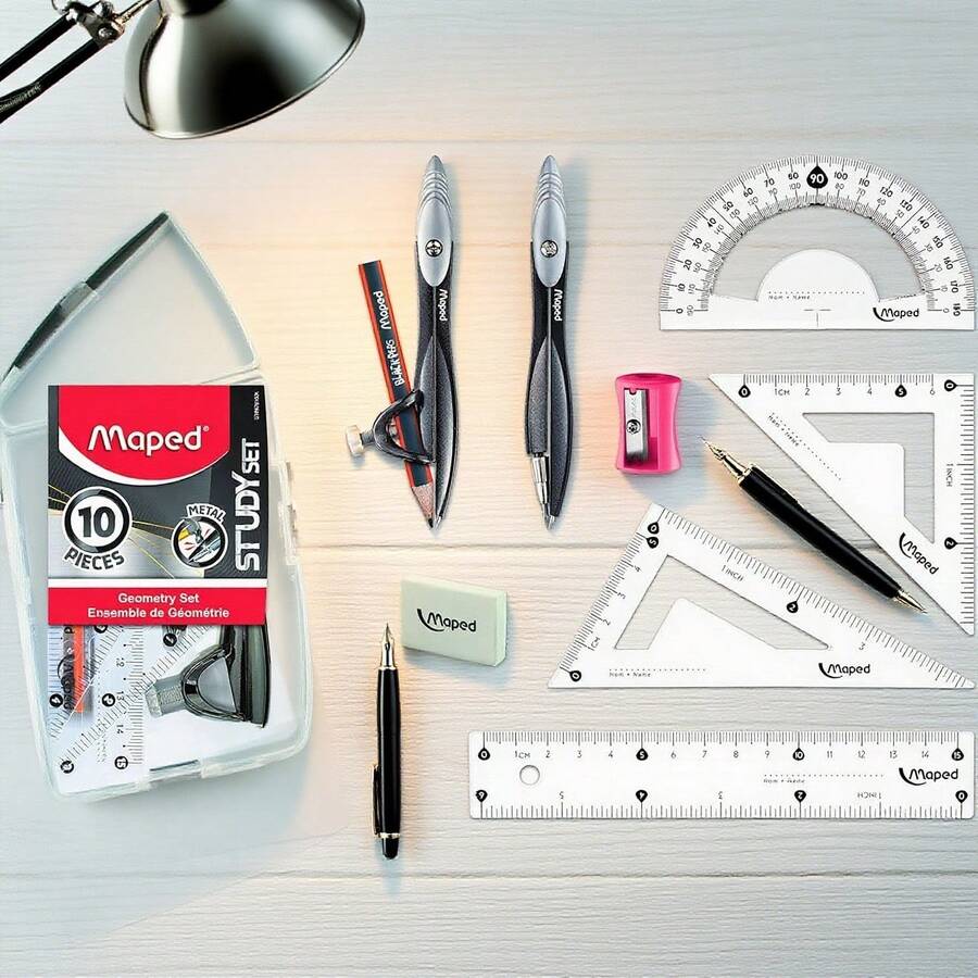 Juego de estudio de geometría avanzada de 10 piezas - Juego de herramientas de matemáticas de precisión con transportador, compás y reglas, kit de geometría ergonómico y duradero para estudiantes, juego de herramientas de geometría de materiales de calidad para tareas escolares y estudio, kit de herramientas para impulsar la creatividad y la precisión del dibujo - transparente - Ver 1