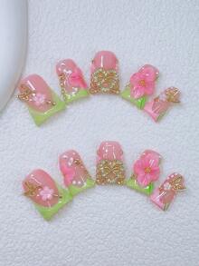 10pcs Y2K Nails Chic Duckbill Press On Nails Set - Handcrafted, Green Nails, Pink Nails, Green And Pink French Tip Nails, Handmade 3D Flowers With Pink Petal, 3D Flowers Bling Nails, Hand Drawn Green Leaf And White Polka Dot, White And Pink Little Flower Element Design Decoration, Sparkling Gold Butterfly & Gold Love Pattern - 彩色 - 查看 2