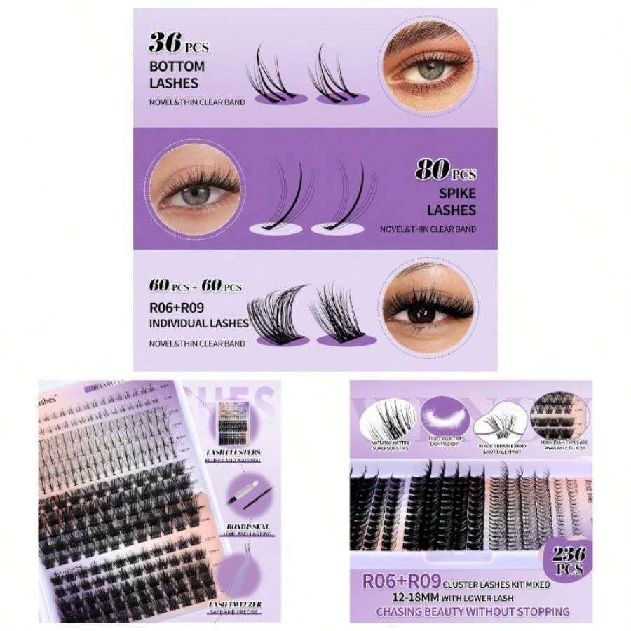 Lash Clusters Kit Using At Home: Eyelash Extensions, Ultra - Light, Natural, Fluffy, Wispy, Waterproof, Anime, Manga, Eye, D Curl, 16 - 20mm, C3+C9, FT126