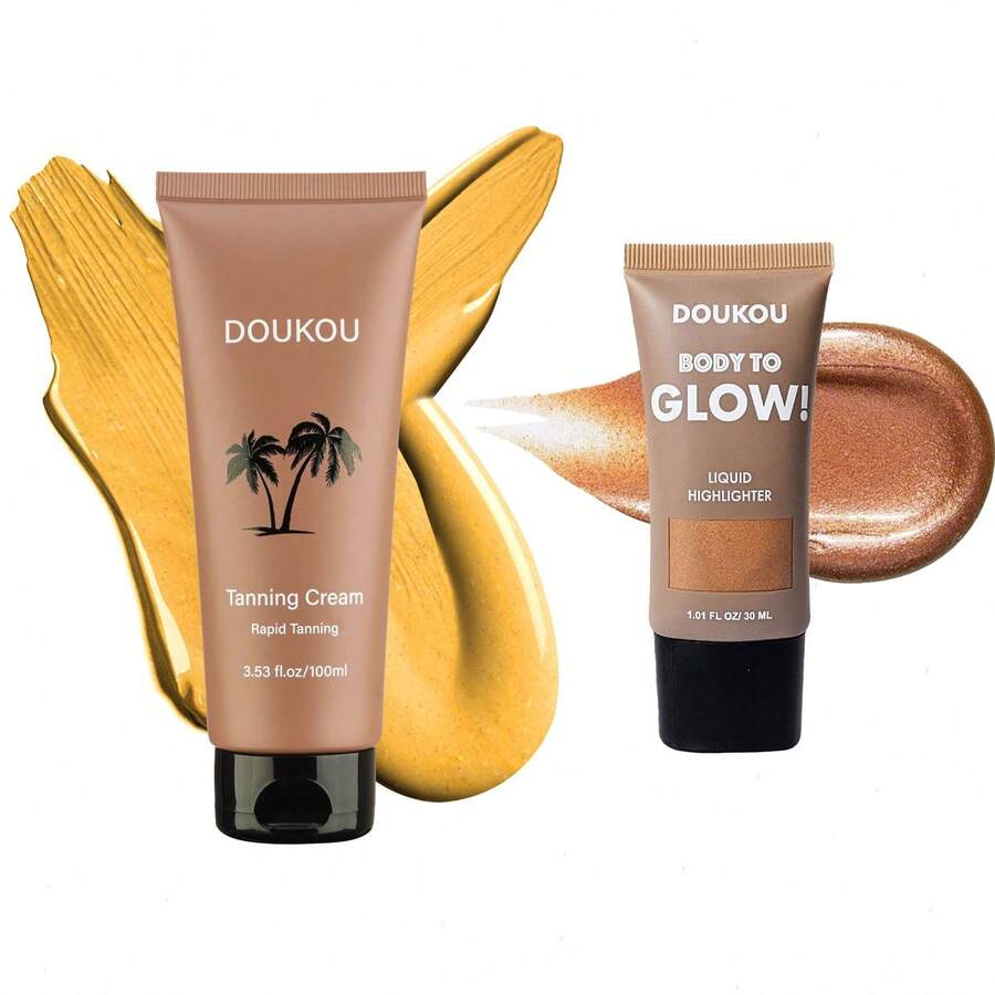 DOU KOU 2PC Body Shimmer Oil, Glow Liquid Illuminator Pure Gold, Tanner Cream, Tanning Lotion,  For A Sun-Kissed Glow, Bronzer To Get Dark Fast For Tattoo, Outdoor Tanning Lotion, Airplane Travel Essentials, Travel Size Toiletries