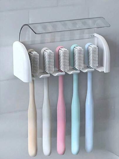 2 piezas Soporte para cepillos de dientes montado en la pared sin perforación con tapa, soporte para cepillo de dientes eléctrico para baño, estante para almacenamiento de pasta de dientes, organizador de cepillos de dientes autoadhesivo de 2/5/6 ranuras para familia, accesorios organizadores de baño (Blanco)