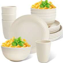 4/16/32 件塑料餐具套装 - 包括盘子、碗、杯子 - 牢不可破可重复使用的耐用餐具套装 - 洗碗机和微波炉 - 适用于家庭、餐厅、派对、房车、礼物、野餐、露营、学校用品、返校、野餐必需品 | 时尚餐具设计 - 万圣节、圣诞节