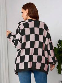 Plaid Round Neck Casual Long Sleeve Plus Size Knit Cardigan - Black Pink - View 2