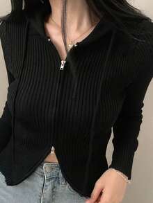 YCYC 秋冬設計女款雙向拉鍊長袖連帽針織開襟衫 黑色 - 黑色 - 查看 5