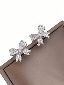 1 Pair Of Sparkling Crystal Bow Earrings For Girls Ears Exquisite Wedding Valentine's Day Christmas Gift Valentine's Day Mom Mother Mother's Day Gift - one-size - View 8