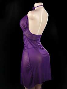 Women's Sexy Temptation Sleepwear Lingerie Set - Through Dress &  Lace Thigh High Stockings - With Slit And Dance Skirt Design - 紫色 - 查看 5