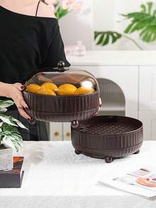 1pc New Walnut Wood Grain Tray, 360° Rotating, Drainable, PET Material Lid, ABS Material Tray, Durable, Reusable Fruit, Dessert, Snack, Bread Tray, Suitable For Kitchen Condiment Storage, Various Festivals, Parties, Dinner Parties, Daily Living Room Desktop Storage, Kitchen Storage - Wood Grain Walnut Color - View 5