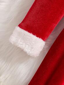 2pcs Girls Winter Plush Contrast Color Waistband Long Sleeve Elegant Christmas Dress & Hat Set