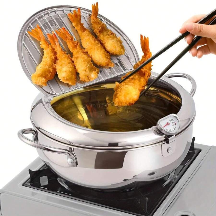 Friteuse Tempura en acier inoxydable, poêle à huile 1 unité avec couvercle et poignée, ustensiles de cuisine pour poulet frit, frites, crevettes, poisson - 1 - Voir 1