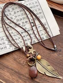 1 Piece Light Luxury Wind Multi-Layer Leaf Diamond Ball Feather Pendant Leather Rope Necklace Europe And The United States Retro Handmade Set Of Collarbone Chain Female, New Chinese Zen Long Paragraph Feather Necklace Female Wind Retro Hundred With Stacked Wear Sweater Chain, Charms,Trinkets,Charms,Christmas,