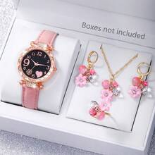 1 Set Women's Watch With Pink PU Leather Strap, Quartz Movement, Fashion Crystal Decorated Geometric Dial, Vintage Charm, Matching Multi-Color Crystal Flower Necklace, Earrings And Ring Jewelry Set, Elegant And Exquisite, Suitable For Daily Wear, Birthday Gift, Party, Holiday Gathering, Ideal Gift For Yourself Or Friends. No Packaging Box Included. - Pink - View 5