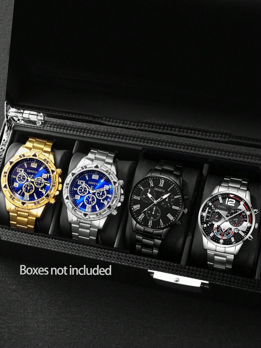 4pcs/Set Men's Stainless Steel Quartz Watch Set - Round Dial, Zinc Alloy Case, Electronic Movement, Business Casual Versatile Men's Watch Set, Holidays