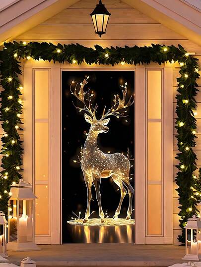 1 件/优雅怀旧美丽驯鹿门罩，可爱的麋鹿，耐用的涤纶，复古雄伟的驯鹿艺术，闪亮的门旗 - 客厅、卧室、家庭办公室的无框墙面装饰 - 精美的圣诞礼物，适合圣诞节装饰，